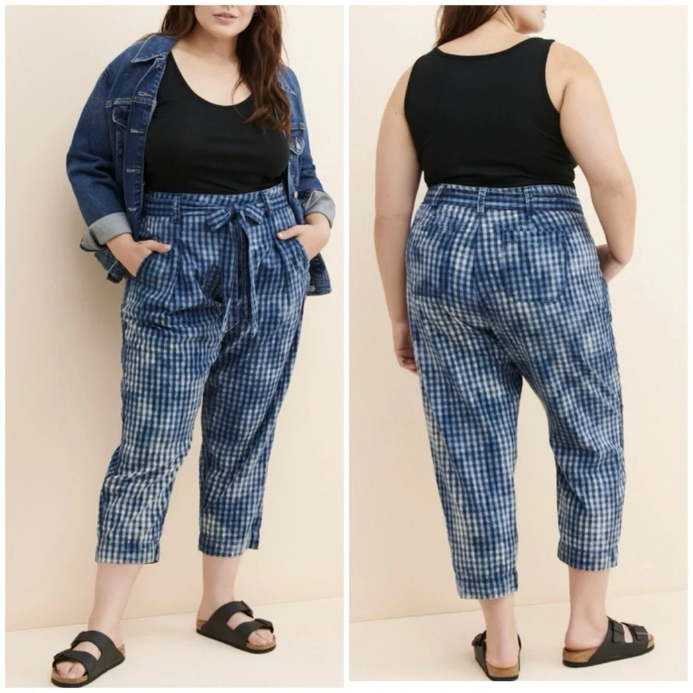 Anthropologie Maeve Avryl Bleached Slim Pants Blue Check Plaid Sz 14 - Picture 1 of 14
